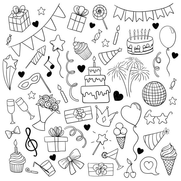 illustrazioni stock, clip art, cartoni animati e icone di tendenza di grande set di oggetti e simboli dei cartoni animati doodle disegnati a mano durante la festa di compleanno. design biglietto d'auguri e invito di matrimonio, buona festa della mamma, compleanno, san valentino e festività. - gift birthday party celebration