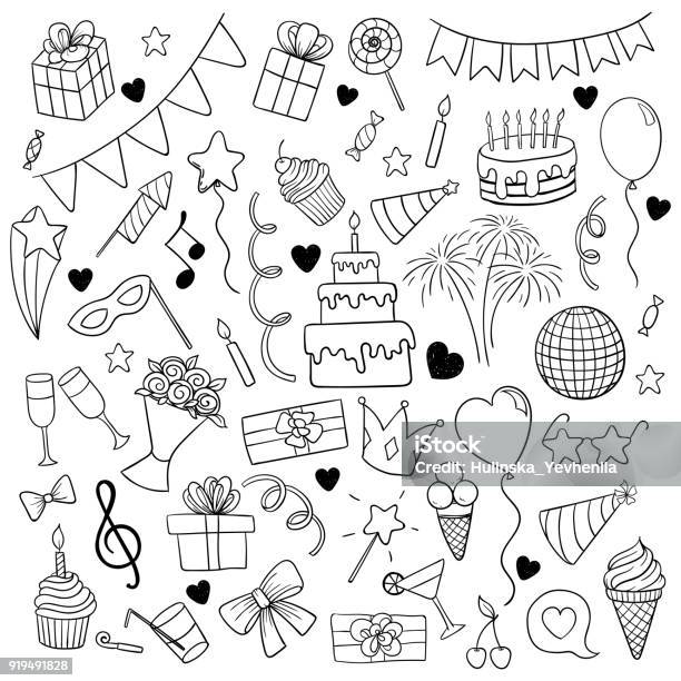Big Set Of Hand Drawn Doodle Cartoon Objects And Symbols On The Birthday Party Design Holiday Greeting Card And Invitation Of Wedding Happy Mother Day Birthday Valentine S Day And Holidays Stock Illustration - Download Image Now