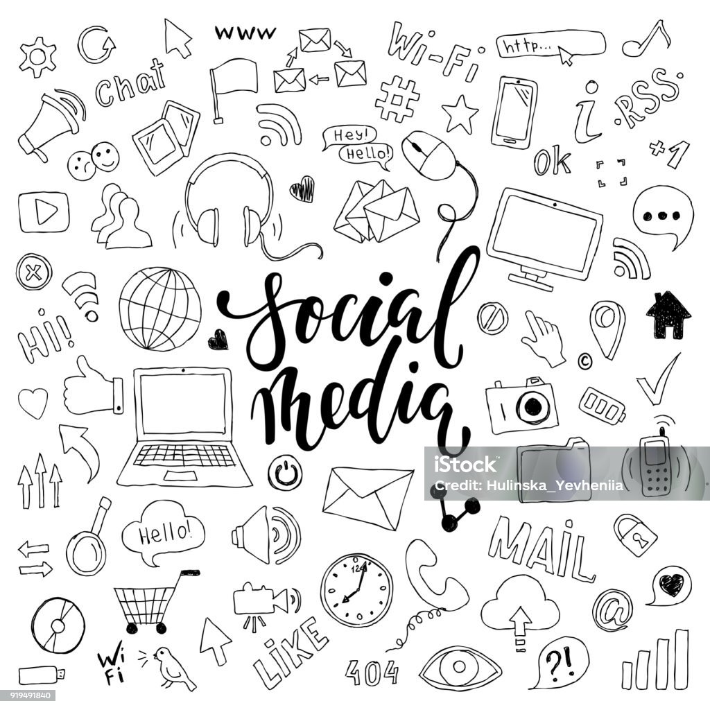 Big Set Of Hand Drawn Doodle Cartoon Objects And Symbols With Lettering On  The Social Media Theme Stock Illustration - Download Image Now - iStock