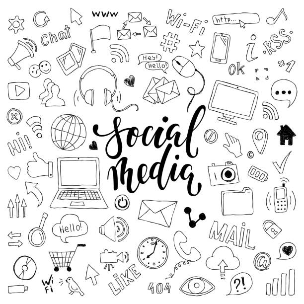 big set of hand drawn doodle cartoon objects and symbols with lettering. on the Social Media theme big set of hand drawn doodle cartoon objects and symbols with lettering. on the Social Media theme. handwriting illustrations stock illustrations