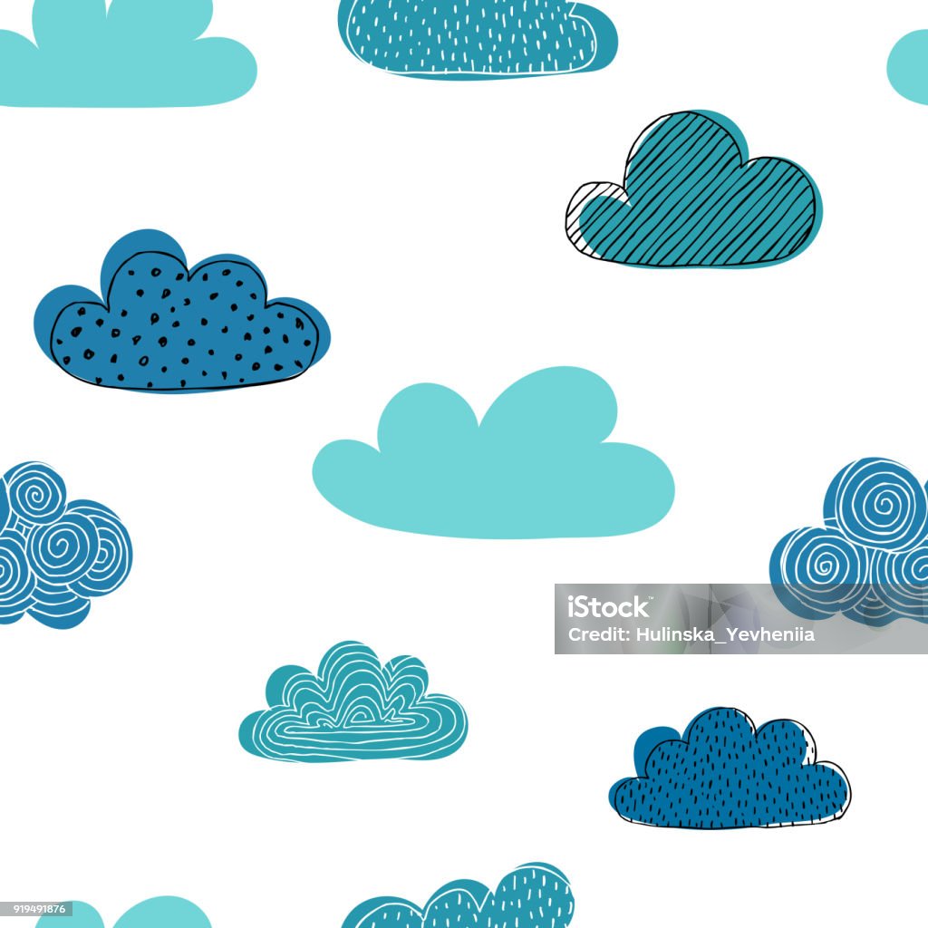 Patrón transparente hermoso doodle nubes. diseño fondo tarjetas de felicitación e invitaciones y para ropa de bebé. - arte vectorial de Nube libre de derechos