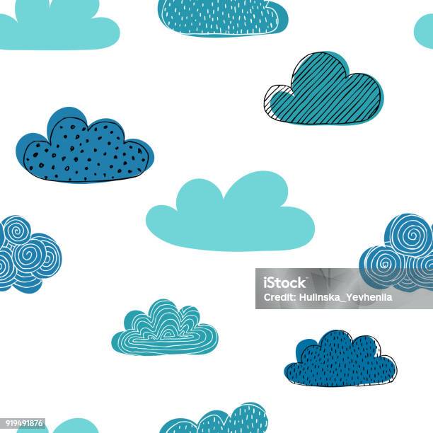 Ilustración de Patrón Transparente Hermoso Doodle Nubes Diseño Fondo Tarjetas De Felicitación E Invitaciones Y Para Ropa De Bebé y más Vectores Libres de Derechos de Nube