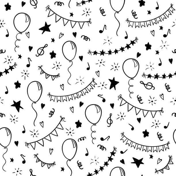 シームレス パターン手描き落書き漫画オブジェクトとシンボルの誕生日パーティー。ホリデー グリーティング カードと招待状結婚式、母の日、誕生日、バレンタインの s 日や休日を設計します。 - balloon birthday celebration party点のイラスト素材／クリップアート素材／マンガ素材／アイコン素材