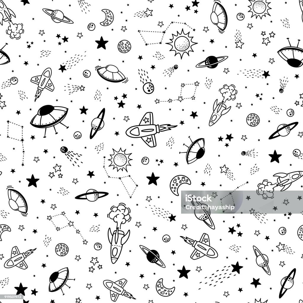 space objects doodle seamless background seamless background with spaceships and doodle design elements, design for children Outer Space stock vector