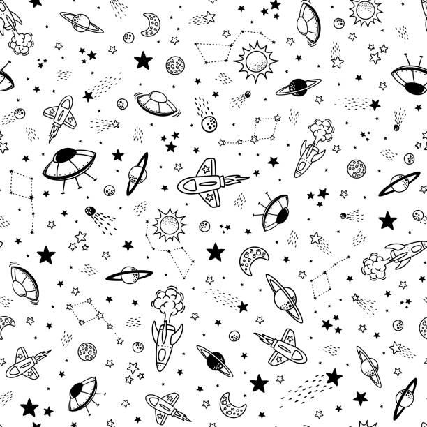 space objects doodle seamless background seamless background with spaceships and doodle design elements, design for children rocketship patterns stock illustrations