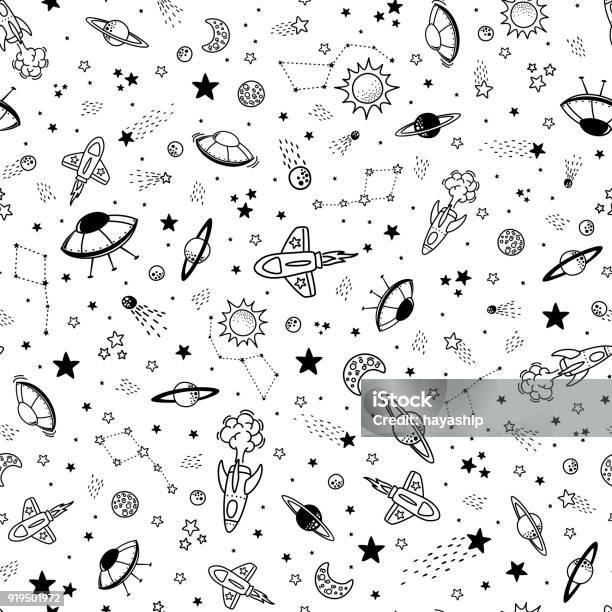 Space Objects Doodle Seamless Background Stock Illustration - Download Image Now - Outer Space, Doodle, Pattern