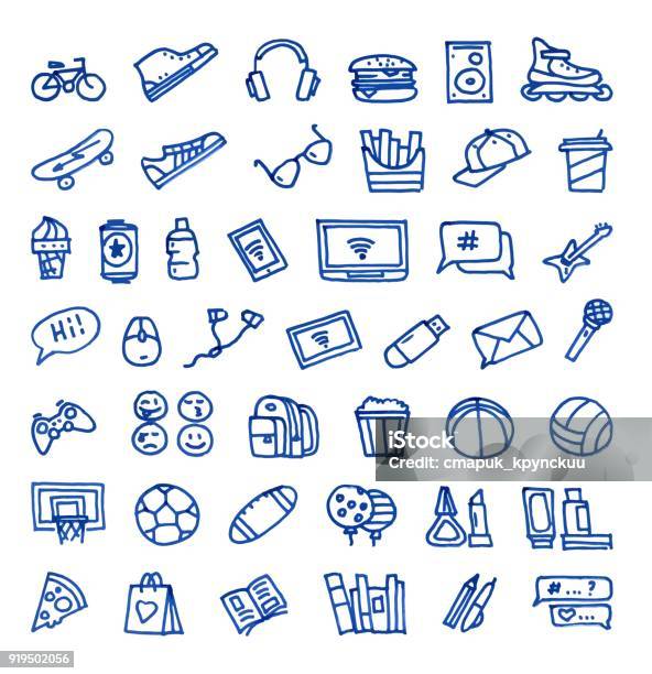 Teenagers Hand Drawn Icons Set Stock Illustration - Download Image Now - Doodle, Icon Symbol, Sport