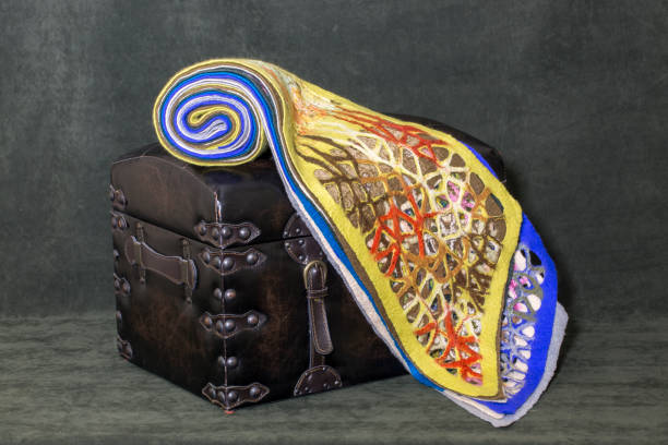 Women's woolen scarves are stacked on a leather chest