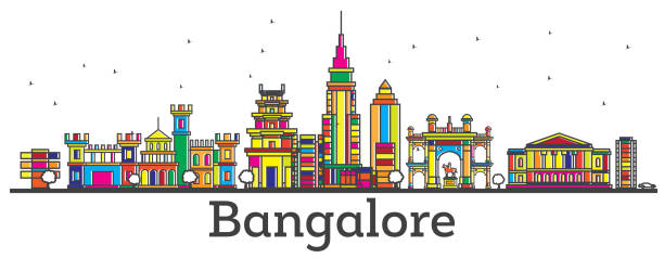 ilustraciones, imágenes clip art, dibujos animados e iconos de stock de horizonte de contorno bangalore india ciudad con edificios de colores aislados en blanco. - india bangalore contemporary skyline