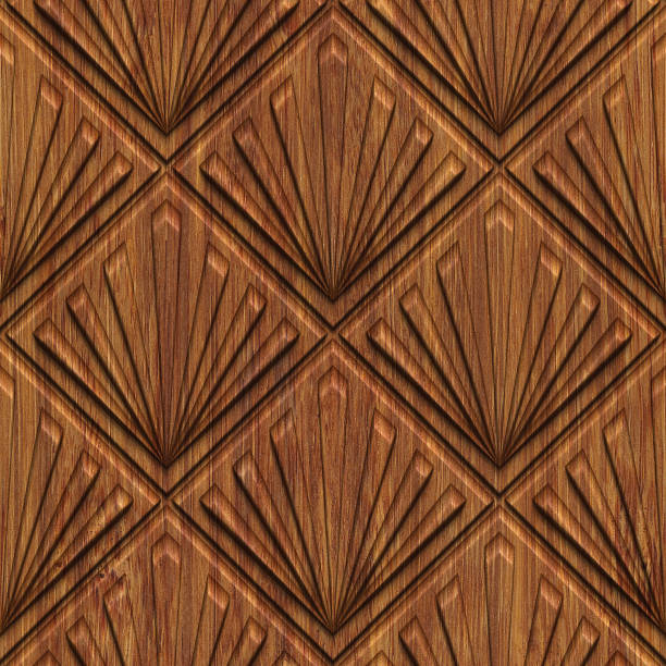 istock Carved pattern on wood background seamless texture, 3d illustration 919502364