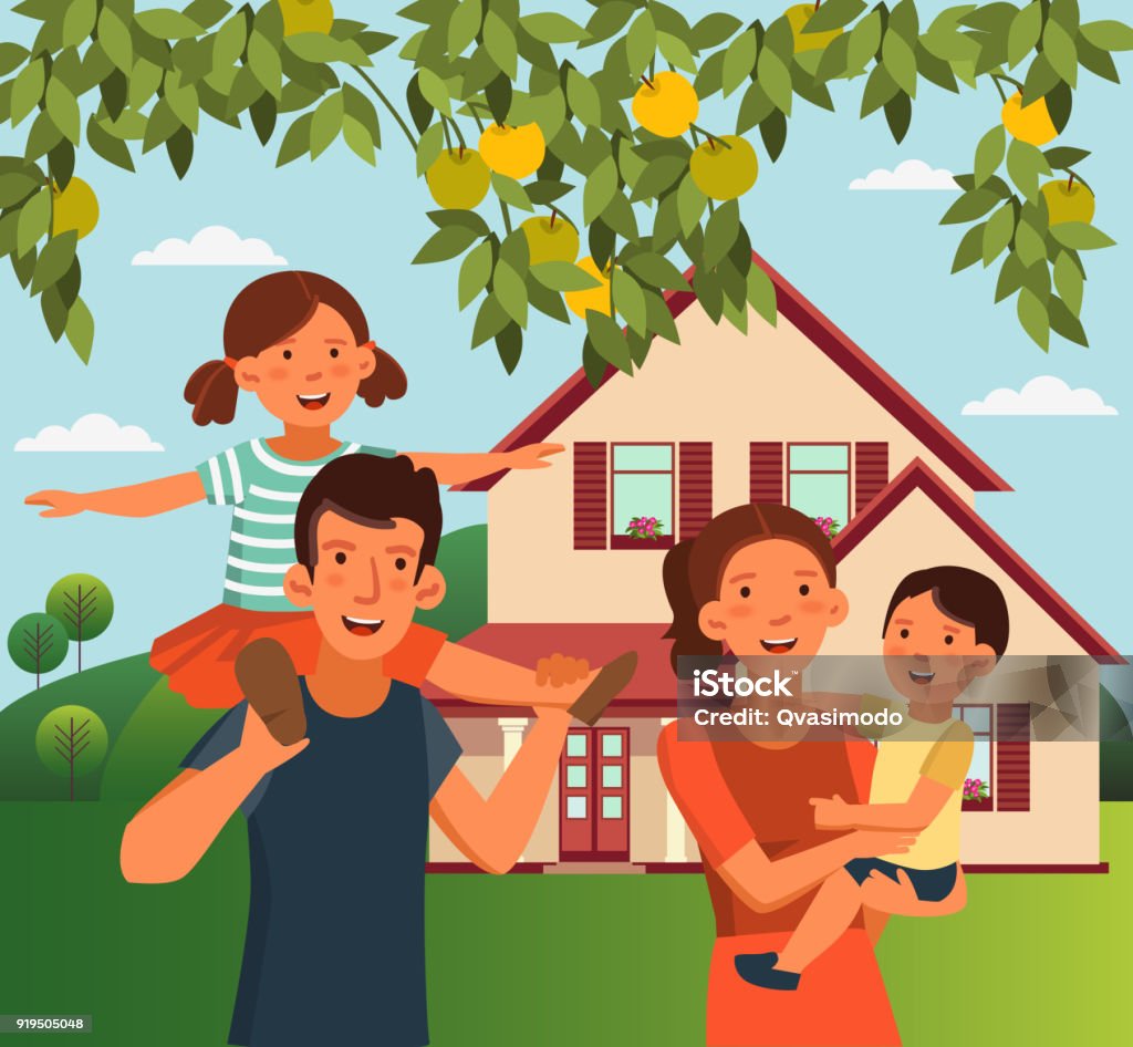 Happy family vector concept. Summer landscape background Family stock vector