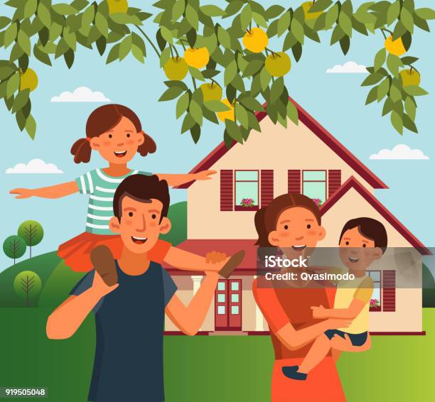 Happy Family Vector Concept Summer Landscape Background Stock Illustration - Download Image Now