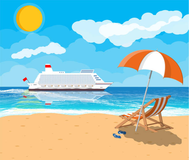 ilustrações, clipart, desenhos animados e ícones de praia tropical com navio de cruzeiro - cruise travel beach bay
