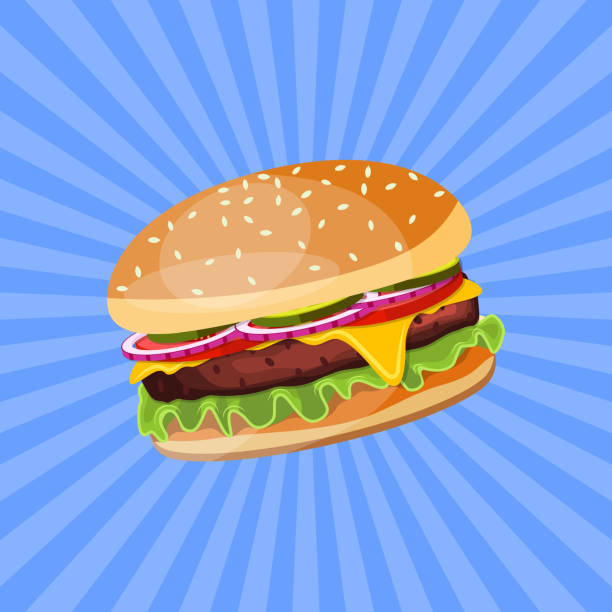 Hamburger with cheese, tomato and salad. Hamburger with cheese, tomato and salad. Unhealthy food. Decoration for patches, prints for clothes, badges, posters, emblems, menus. Vector illustration in flat style Cutlet stock illustrations