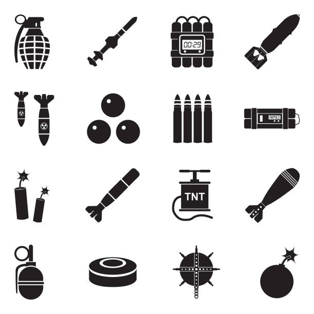 ilustraciones, imágenes clip art, dibujos animados e iconos de stock de iconos de explosivos y bombas. diseño plano negro. ilustración de vector. - bomb