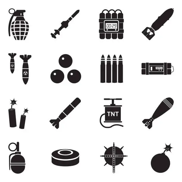 Vector illustration of Bombs And Explosives Icons. Black Flat Design. Vector Illustration.