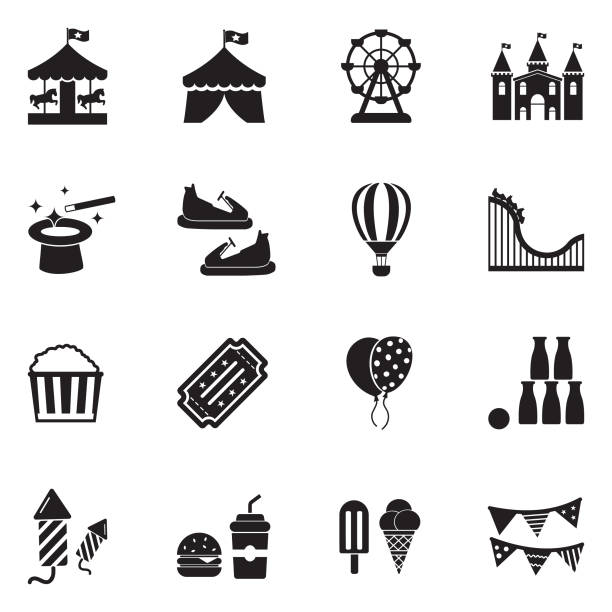 stockillustraties, clipart, cartoons en iconen met de pictogrammen van het pretpark. zwart plat design. vectorillustratie. - amusement park