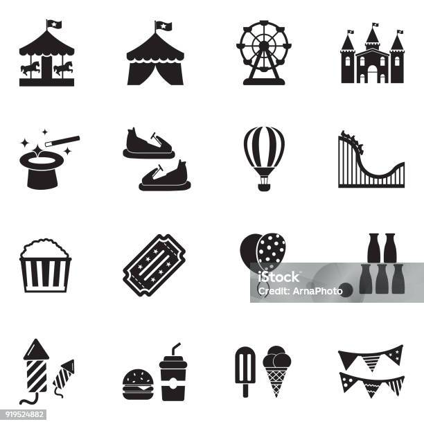 Amusement Park Icons Black Flat Design Vector Illustration Stock Illustration - Download Image Now