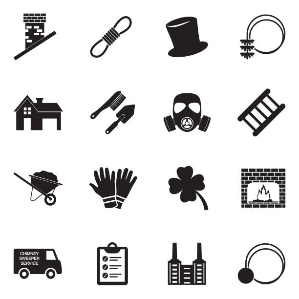 ilustraciones, imágenes clip art, dibujos animados e iconos de stock de chimenea barredora los iconos. diseño plano negro. ilustración de vector. - chimney sweeping