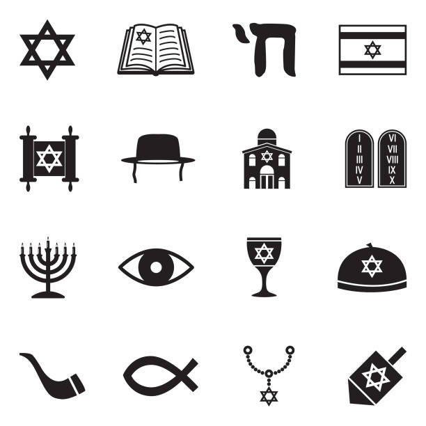 illustrations, cliparts, dessins animés et icônes de icônes du judaïsme. design plat noir. illustration vectorielle. - synagogue judaism temple religion