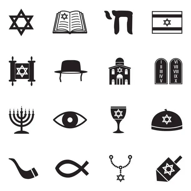 Vector illustration of Judaism Icons. Black Flat Design. Vector Illustration.