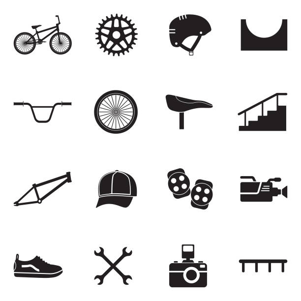 ilustrações de stock, clip art, desenhos animados e ícones de bmx icons. black flat design. vector illustration. - bmx cycling bicycle street jumping