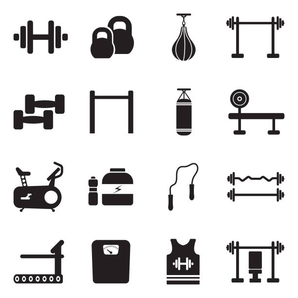 ilustrações, clipart, desenhos animados e ícones de ícones de aptidão. projeto liso preto. ilustração em vetor. - barbell exercising sport gym