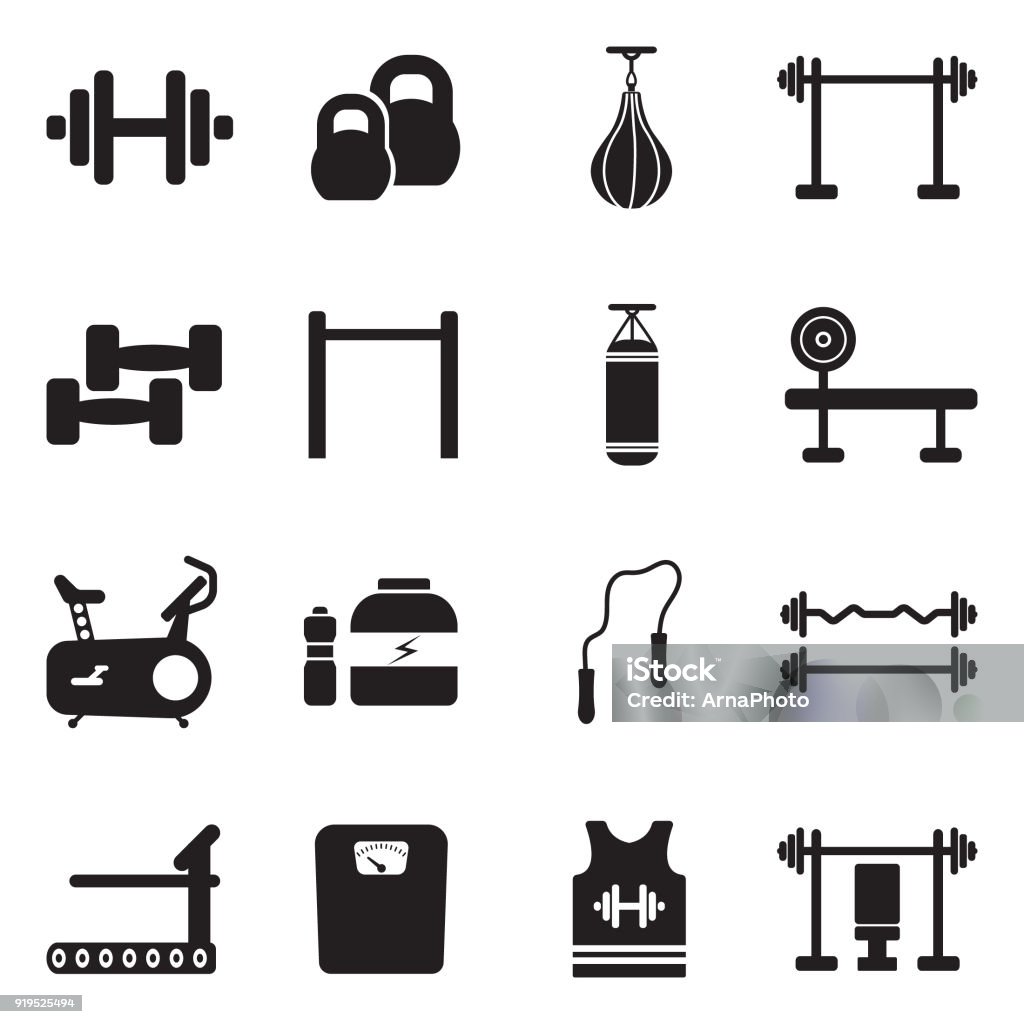 Fitness Icons. Black Flat Design. Vector Illustration. Exercising, Sport, Gym, Bike, Fitness. Icon Symbol stock vector