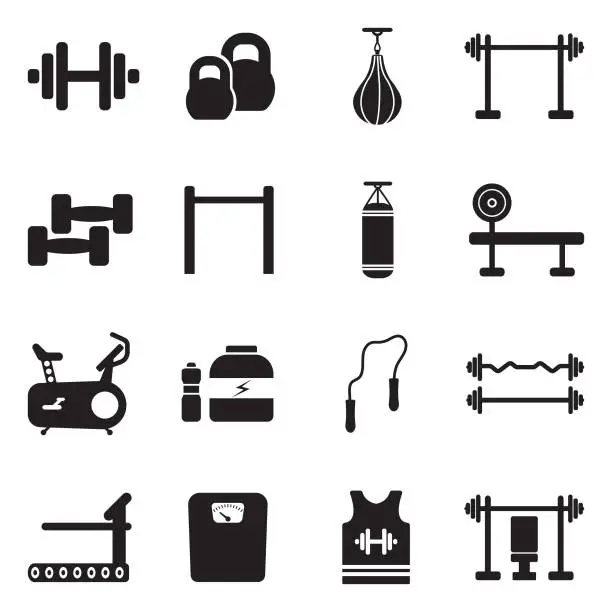 Vector illustration of Fitness Icons. Black Flat Design. Vector Illustration.
