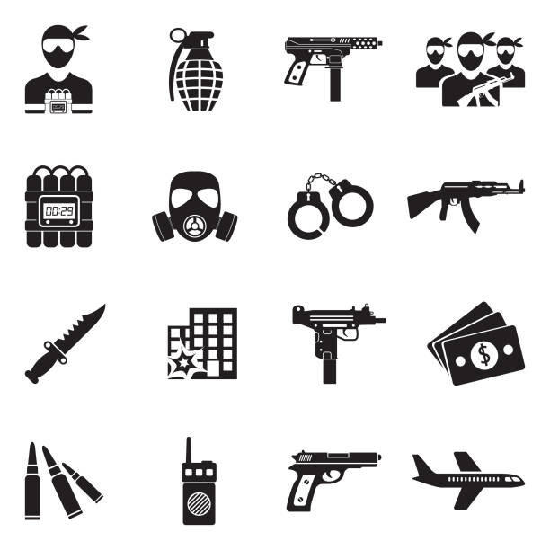 ilustraciones, imágenes clip art, dibujos animados e iconos de stock de iconos de terroristas. diseño plano negro. ilustración de vector. - computer icon symbol knife terrorism