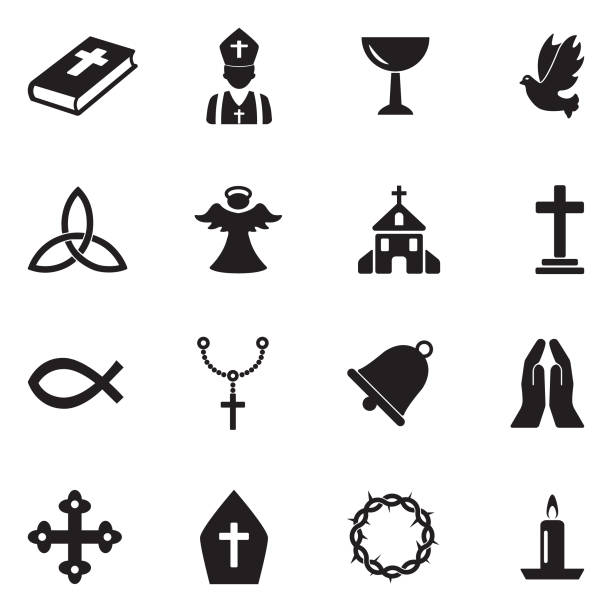 ilustrações, clipart, desenhos animados e ícones de ícones do cristianismo. projeto liso preto. ilustração em vetor. - church symbol rosary beads christianity