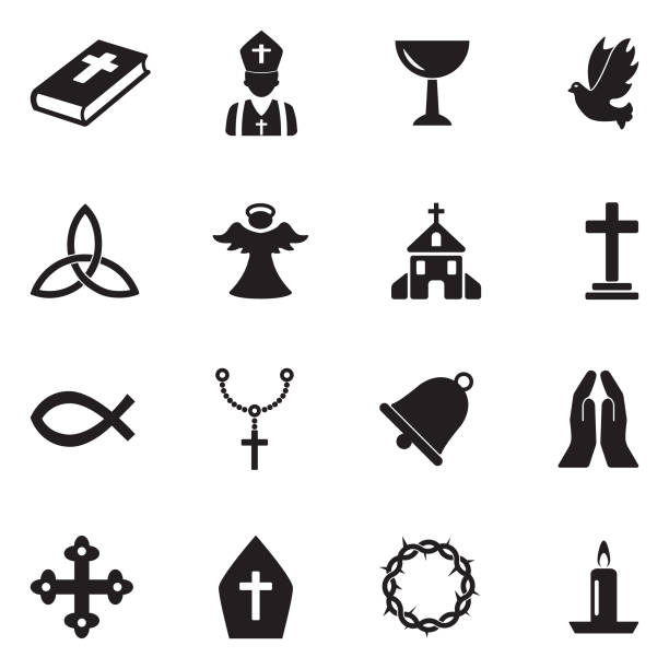 Christianity Icons. Black Flat Design. Vector Illustration. Christian Faith, Christian Worship, Bible, Cross, Angel. religious symbol stock illustrations