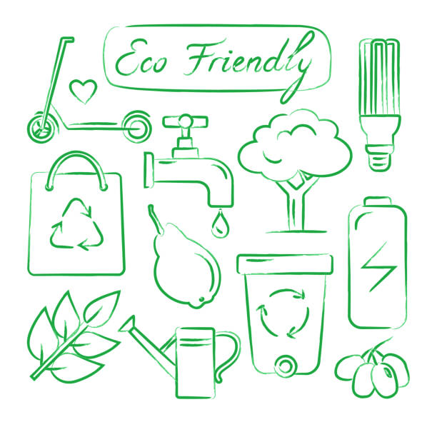 zestaw ręcznie rysowanych ikon ekologii - tree single word green fruit stock illustrations