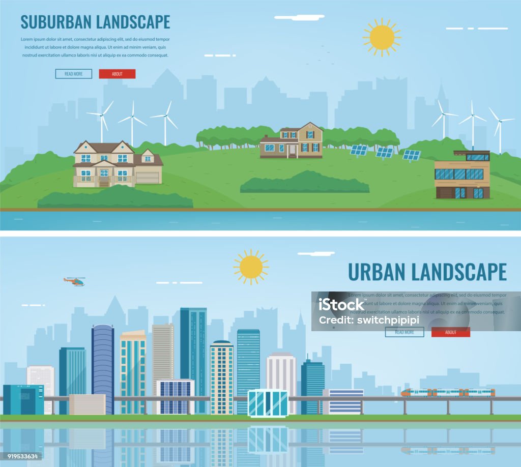 Paisagem da cidade e da paisagem suburbana. Arquitectura do edifício, cidade de paisagem urbana. Cidade moderna e subúrbio. Modelo de site do conceito. Vector - Vetor de Cidade royalty-free