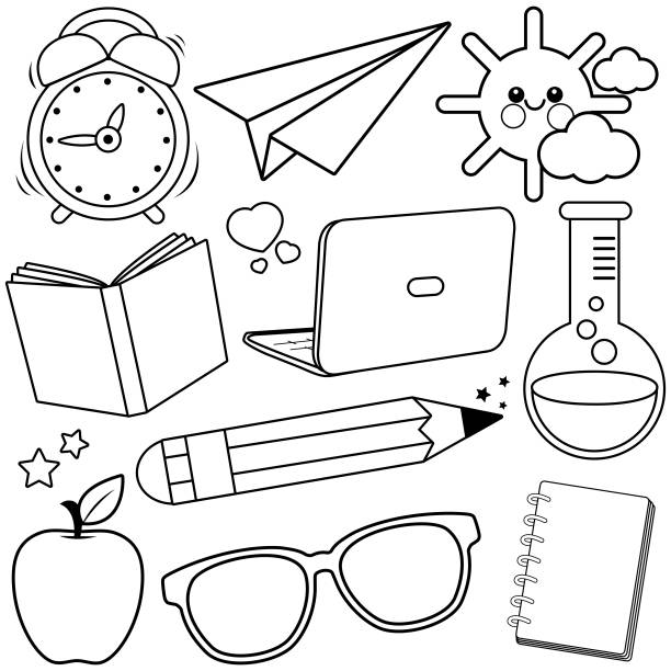 ilustraciones, imágenes clip art, dibujos animados e iconos de stock de suministros de la escuela. blanco y negro para colorear página del libro - pencil colors heart shape paper