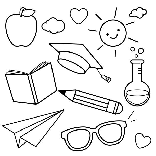 ilustraciones, imágenes clip art, dibujos animados e iconos de stock de iconos de bosquejo temático de escuela. blanco y negro para colorear página del libro - pencil colors heart shape paper