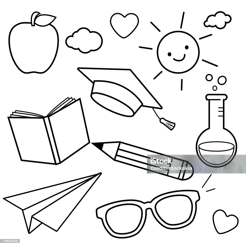 School themed sketch icons. Black and white coloring book page School themed illustrations. Vector black and white illustration Back to School stock vector