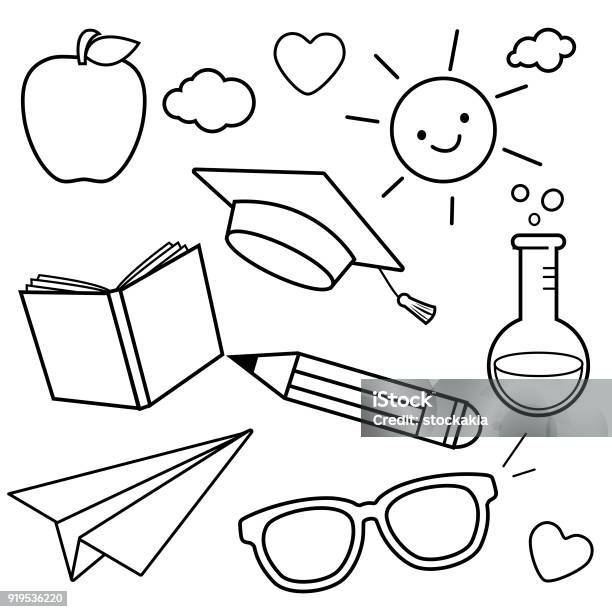 School Themed Sketch Icons Black And White Coloring Book Page Stock Illustration - Download Image Now