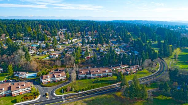 vivienda barrio arriba vista aérea edmonds washington - snohomish county fotografías e imágenes de stock