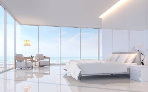 moderne weiße schlafzimmer mit sea view 3d rendering-bild. - hotel room contemporary summer sea stock-fotos und bilder