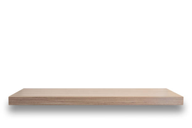 istock Empty top of wooden shelf isolated on white background 919541700