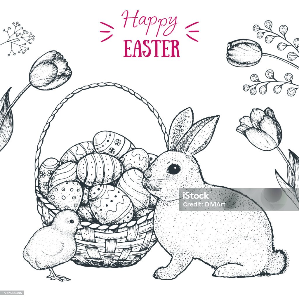 Happy Easter vector illustration. Basket of Easter eggs, cute bunny and chick hand drawn sketch. Engraved style image. Animal stock vector