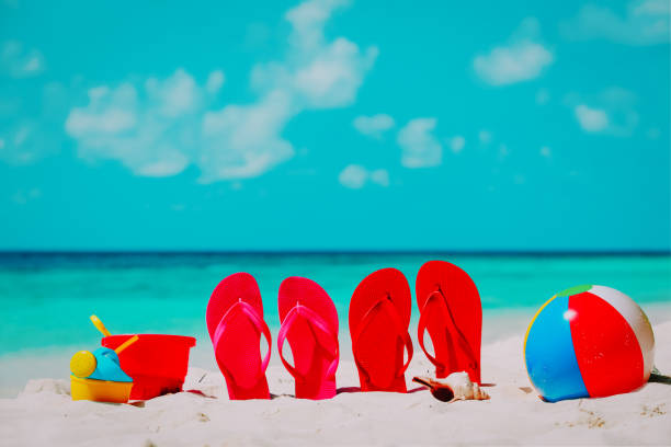 istock flip-flops, toys and shell at beach 919550984