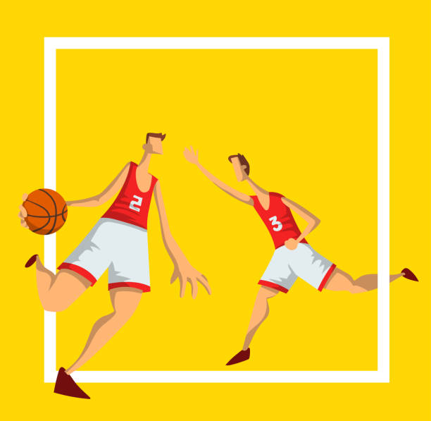 istock Basketball players in abstract flat style. Men playing with a basketball ball. Template for sport poster. Vector illustration, isolated on white background. 919561540
