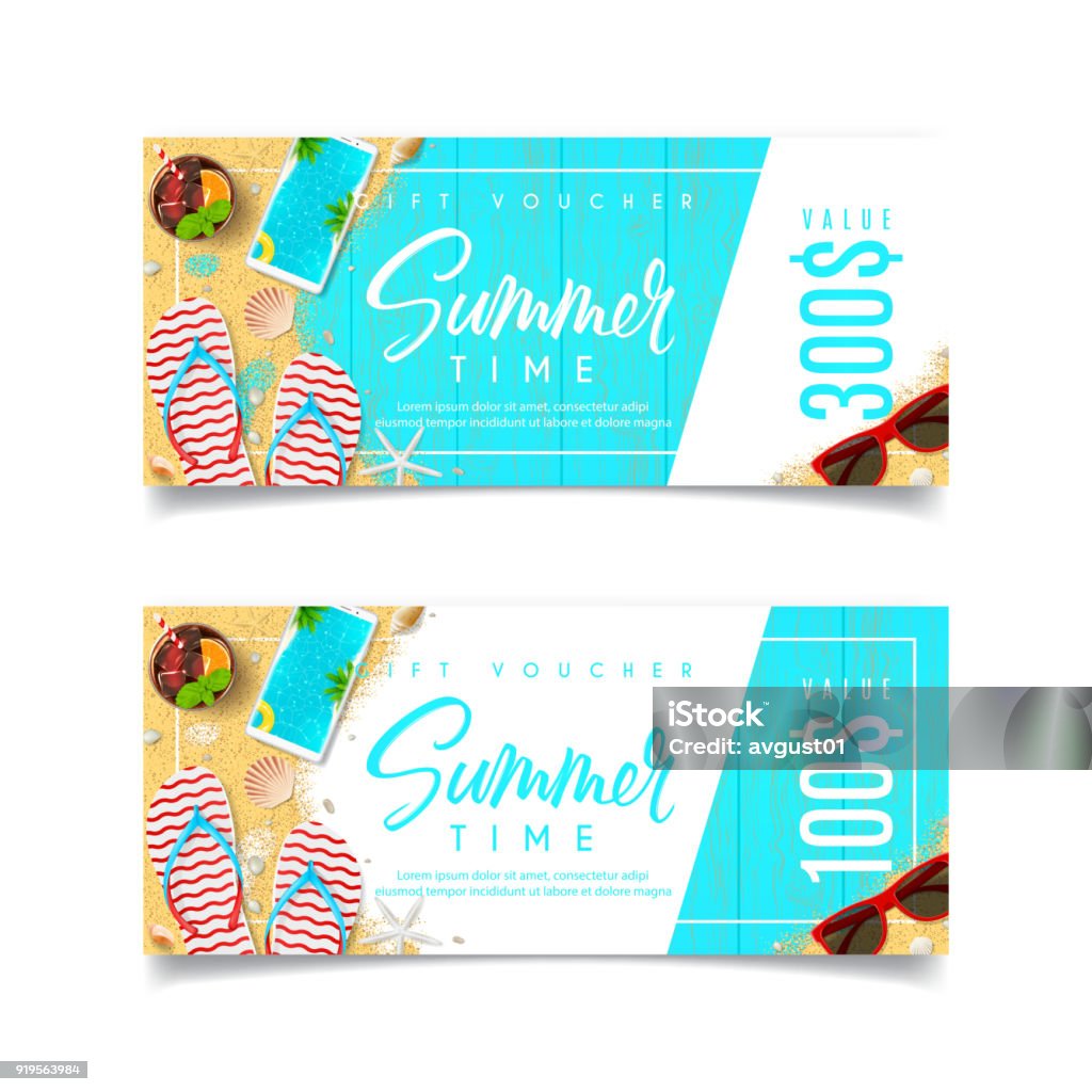Discount Summer Gift Voucher Discount Summer Gift Voucher. Design of coupon usable for invitation and ticket. Top view on holiday decoration on wooden texture. Vector illustration with seasonal offer. Coupon stock vector