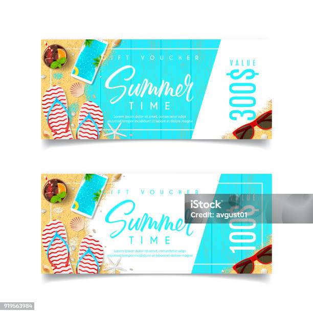 Discount Summer Gift Voucher Stock Illustration - Download Image Now - Coupon, Travel, Invitation