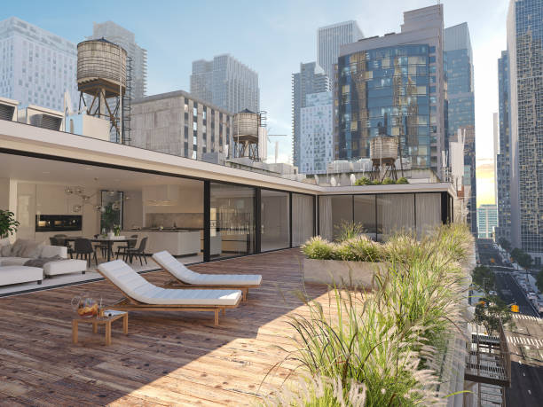 istock penthouse terrace in a big city. 3d rendering 919566970