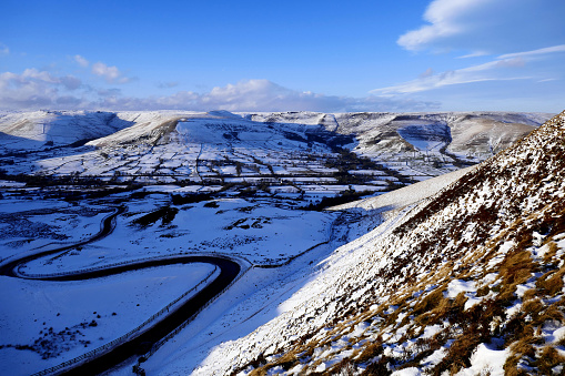 Peak district, Derbyshire, UK. February 12, 2018. Taken from Mam Tor Mountain of the Vale of Edale in Winter with Mam Nick below and Kinder Scout mountain range in the background at the Peak district Naional Park in Derbyshire, UK.