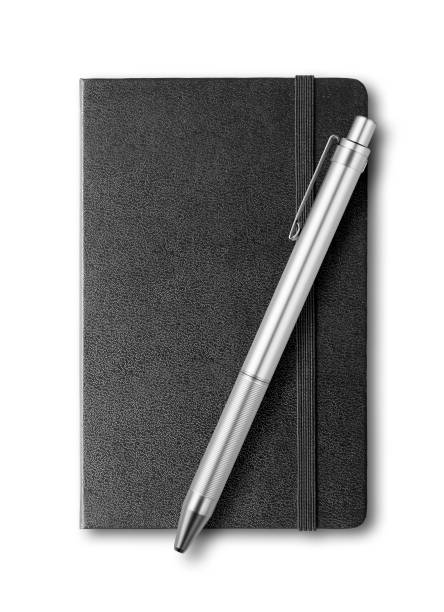 black closed notebook and pen isolated on white black closed notebook and pen mockup isolated on white ballpoint pen photos stock pictures, royalty-free photos & images