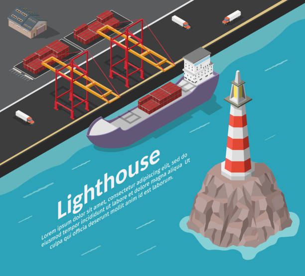 isometrische leuchtturm auf felsen und schiff vektor - isometric sea coastline beach stock-grafiken, -clipart, -cartoons und -symbole